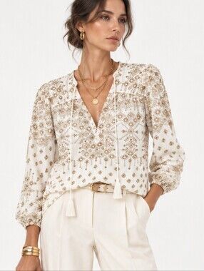 Hale Bob Gold Metallic Popover Embroidered Blouse NWT